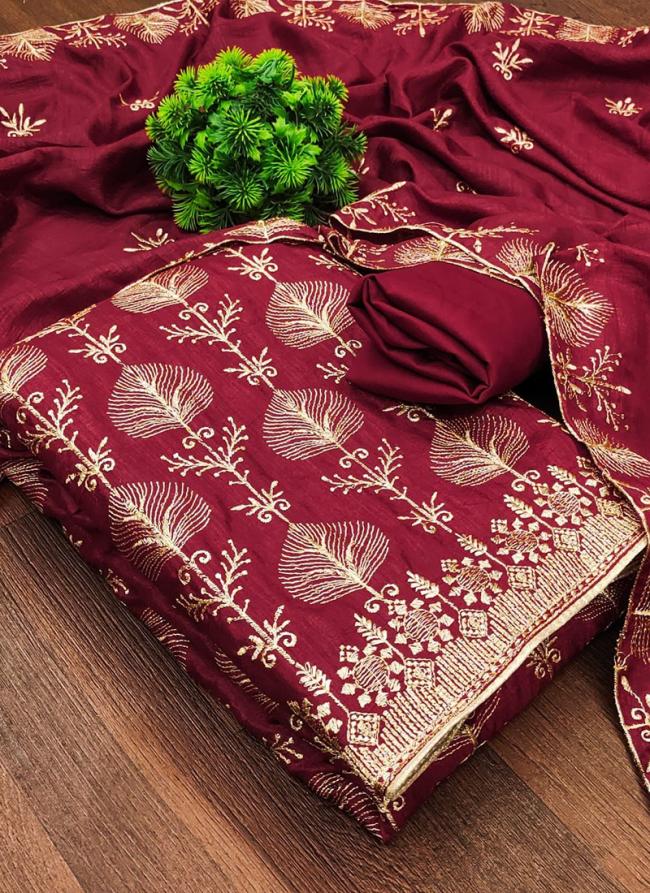 Vichitra Silk Red Traditional Wear Embroidery Work Dress Material